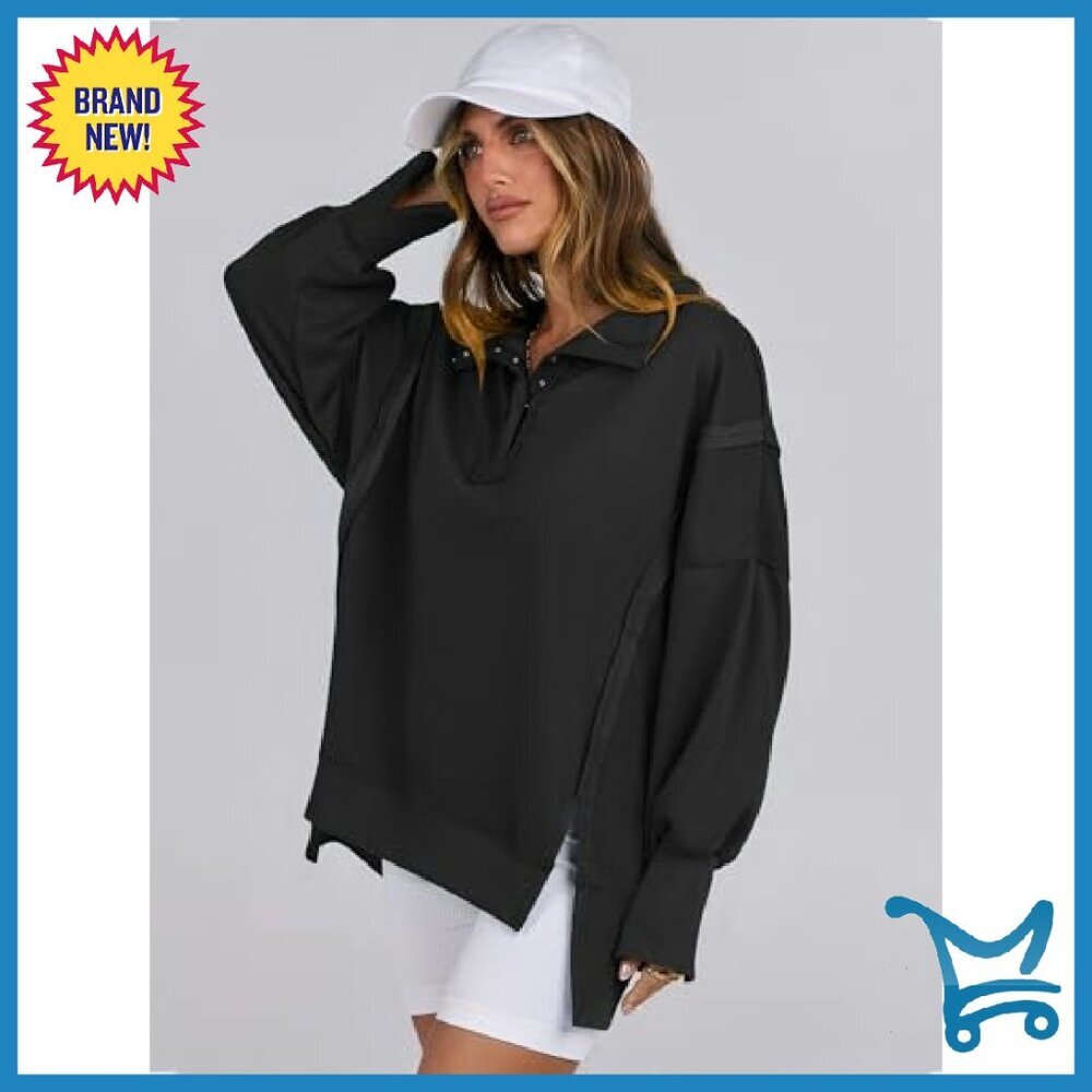 Oversized Henley Sweatshirt, Rayon Polyester Blend, High Low Split - Picture 5 of 8